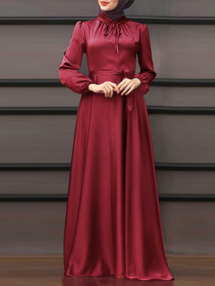 ZANZEA Women Spring Long Sleeve Solid Muslim Sundress Lace Up Vestido Dubai Abaya Hijab Dress Robe Elegant Maxi Long Satin Dress