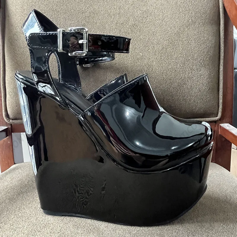 Ronticool Real Photos Women Pumps Buckle  Strap Sexy Wedges Heels Round Toe Classics Black Party Shoes Ladies US Plus Size 5-15