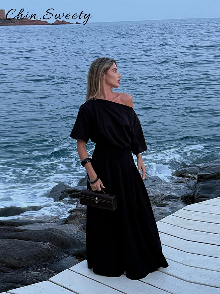 

Fashion Off Shoulder Long Skirt Set Women Solid Half Sleeve Tops High Waist A-line Ruchd Skirts 2025 Summer Lady Vacation Suits