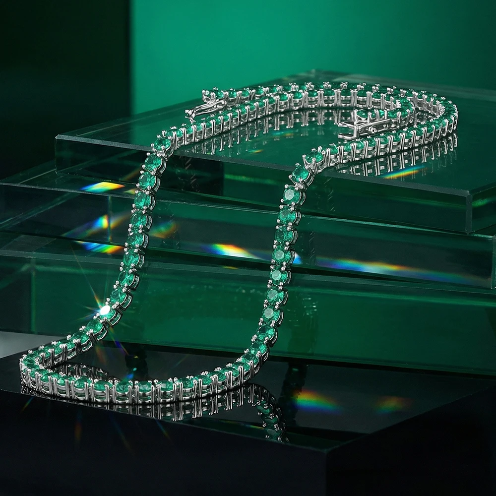 YLMyself Brass 4mm Green CZ Tennis Necklace Bracelet Pave Cubic Zirconia Hip Hop Rock Unisex Chain Jewelry 7-8/18-20 Inch