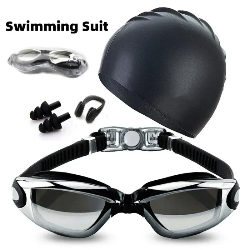 Adult Swimming Suit HD Anti-fog Swimming Goggles Set Waterproof Silicone Nose Clip Earplugs Swimming Goggles Set and cap Men