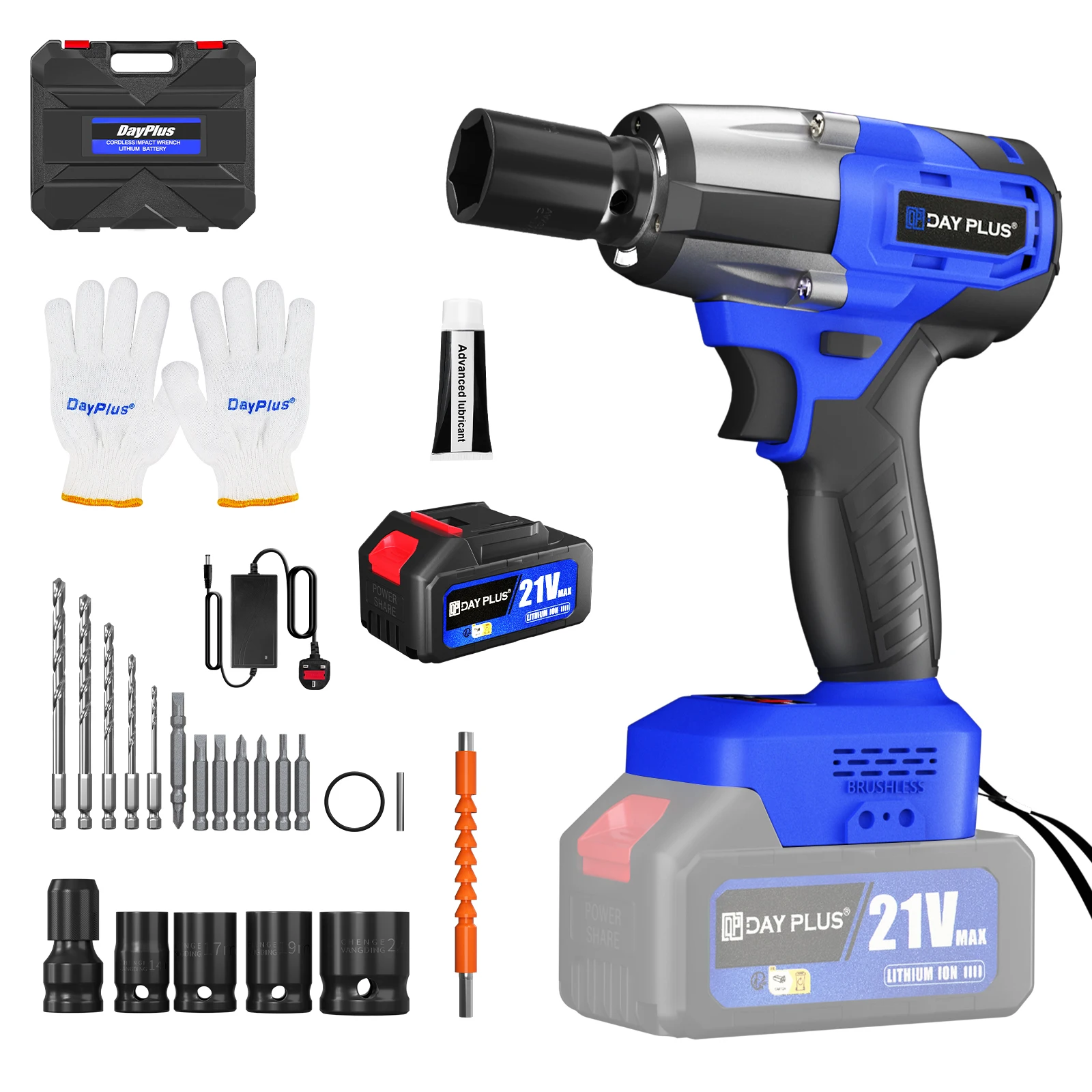 DayPlus Cordless Impact Wrench 3 IN 1 Brushless 1/2 inch Driver 18V 450N.m Torque with Battery & Socket Set 14mm 17mm 19mm 22mm