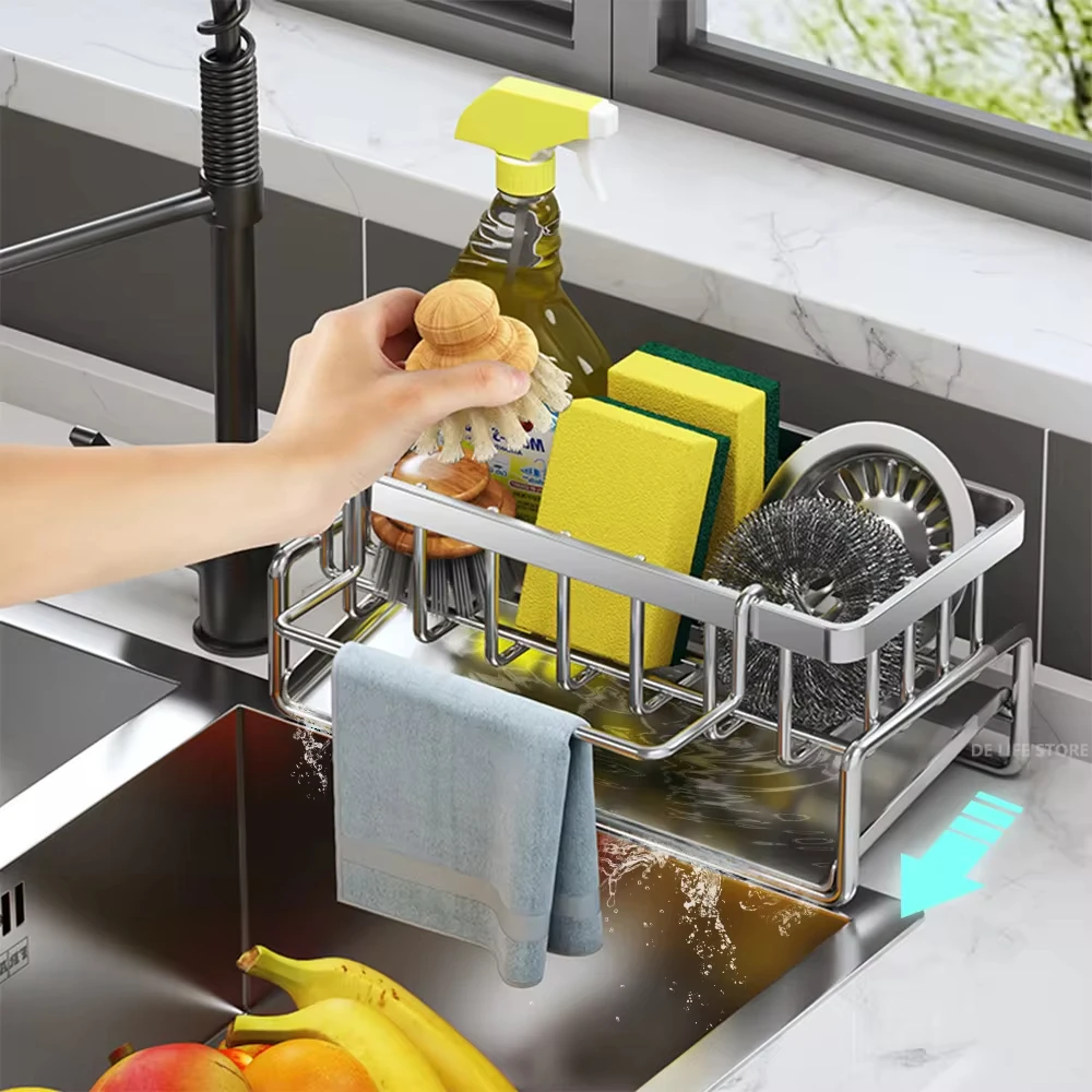 

Kitchen Sink Organizer Scrubber Holder Carbon Steel Self-Draining Rack with Rod Soap Sponge Holder Dishcloth Towel Storage Rack