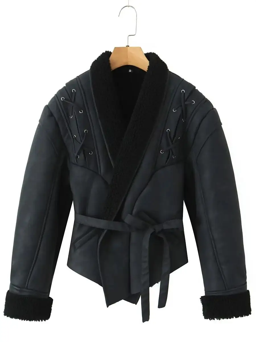 เสื้อแจ็คเก็ตหนังผู้หญิง พร้อมเข็มขัด เสื้อโค้ทขนสัตว์ แฟชั่นสตรีทแวร์ เสื้อคลุมสีพื้น เสื้อแจ็คเก็ตผู้หญิงสุดหรู แจ็คเก็ตหนังสำหรับผู้หญิง