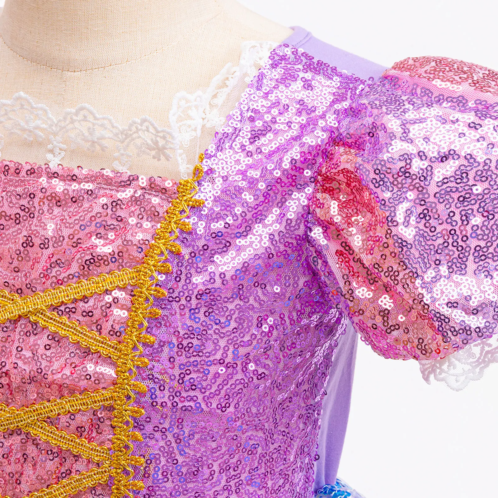 Mädchen Lila Leuchtendes Prinzessinnenkleid Puffärmel Pailletten-Oberteil Schmetterlings-Tüllkleid Kinder Halloween Party Cosplay Rapunzel Kostüm – Detail 5