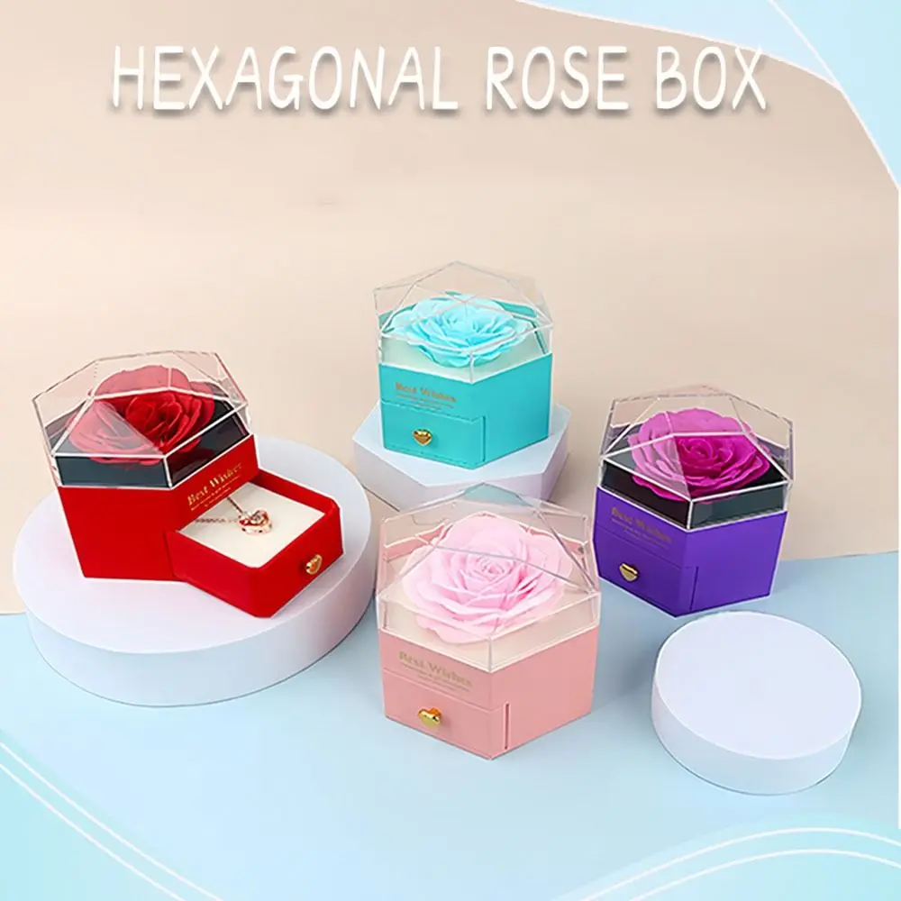 Rose Flower Jewelry Ring Box Romantic Accessories Hexagonal Pendant Necklace Box Portable Luxury Wedding Storage Case