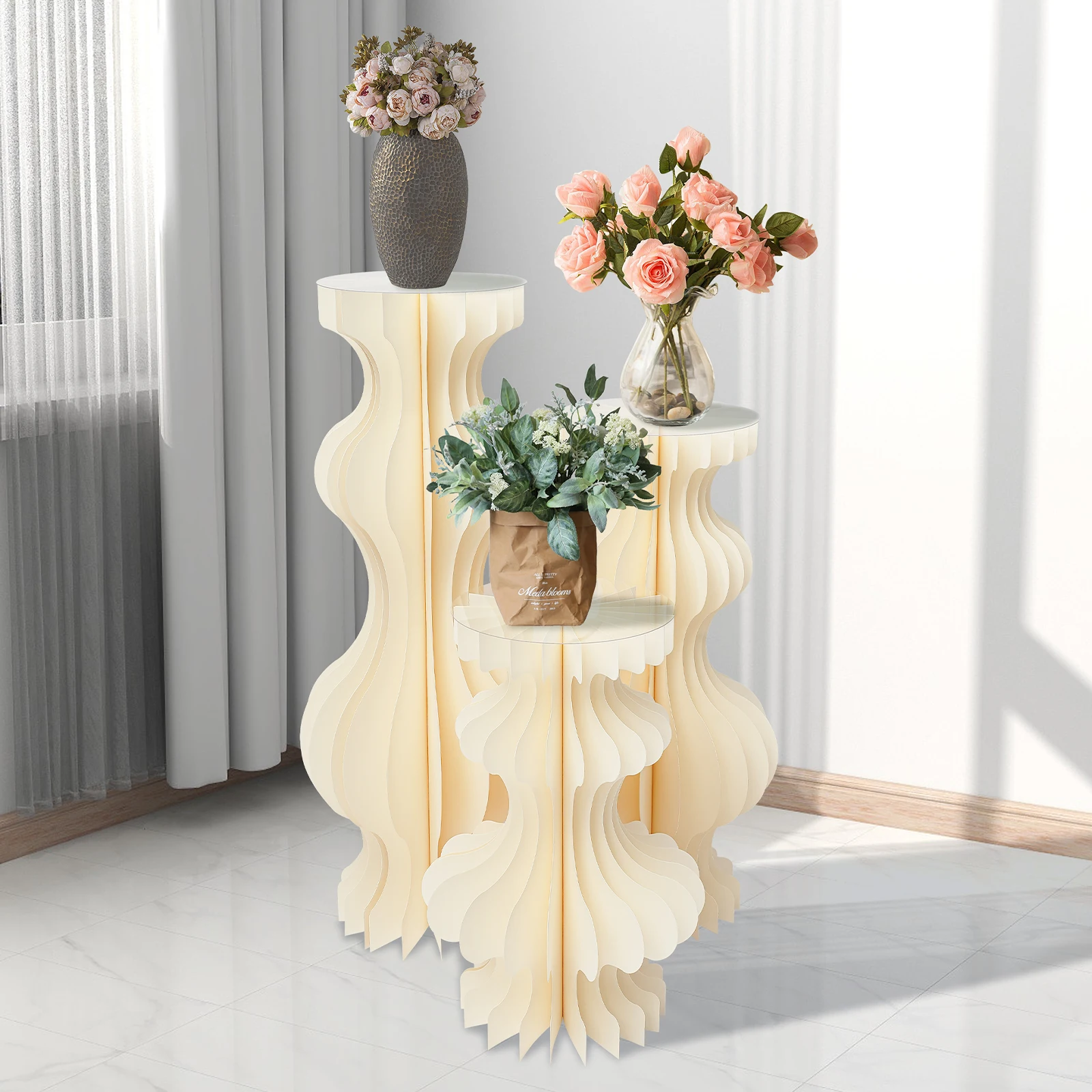 3PCS Curved Wedding Party Flower Stand Cylinder Foldable Cardboard Centerpiece Dessert Table Column Display Stand 60+80+100cm