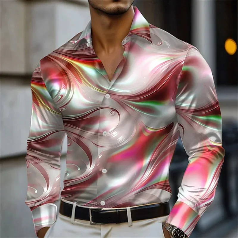 Men's autumn and spring blue and gold marble printed long sleeved shirt top, fashionable, casual, comfortable, slim fit suitable
