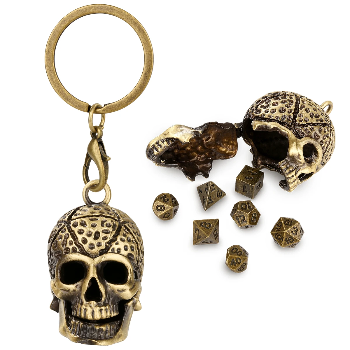 DND Vintage Keychain with Hollow Skull Head Pendant 7pcs Polyhedron Dice Mini Table Game Dice Set Halloween Gift for Men Women