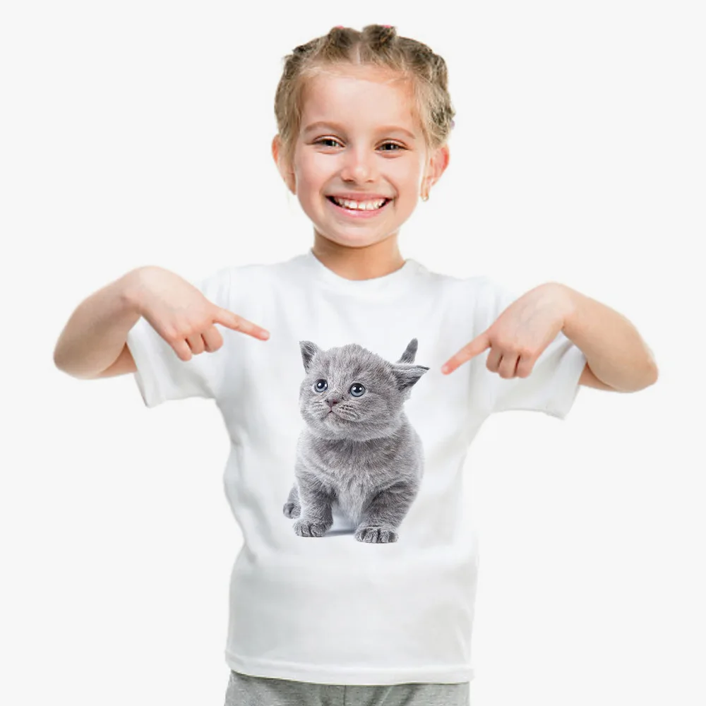 

Explosive Cat Print Generous Casual European and American Street Loose T-shirt Children Boys Girls Short Sleeves Clothes