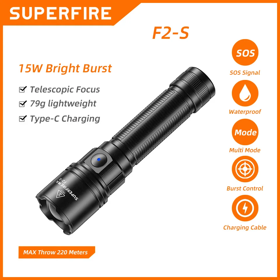 

New SUPERFIRE F2-S 15W LED Rechargeable Flashlight with Zoom Portable Handheld Flashlights For Camping Outdoor Emergency Lantern