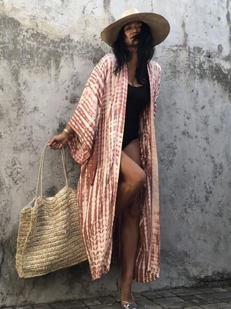 タイダイビキニカバーアップ夏プリント水着ケープパレオボヘミアンホリデービーチ着物ドレスセルフベルト付き水着