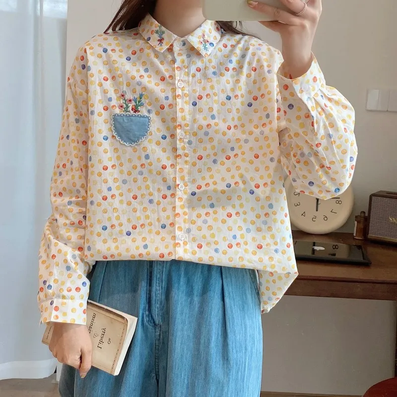 Spring Autumn New Women\'s Cotton Shirt Good Quality Printing Floral Rabbit Rainbow Pattern Long Sleeve Tops Loose Shirts SY2668