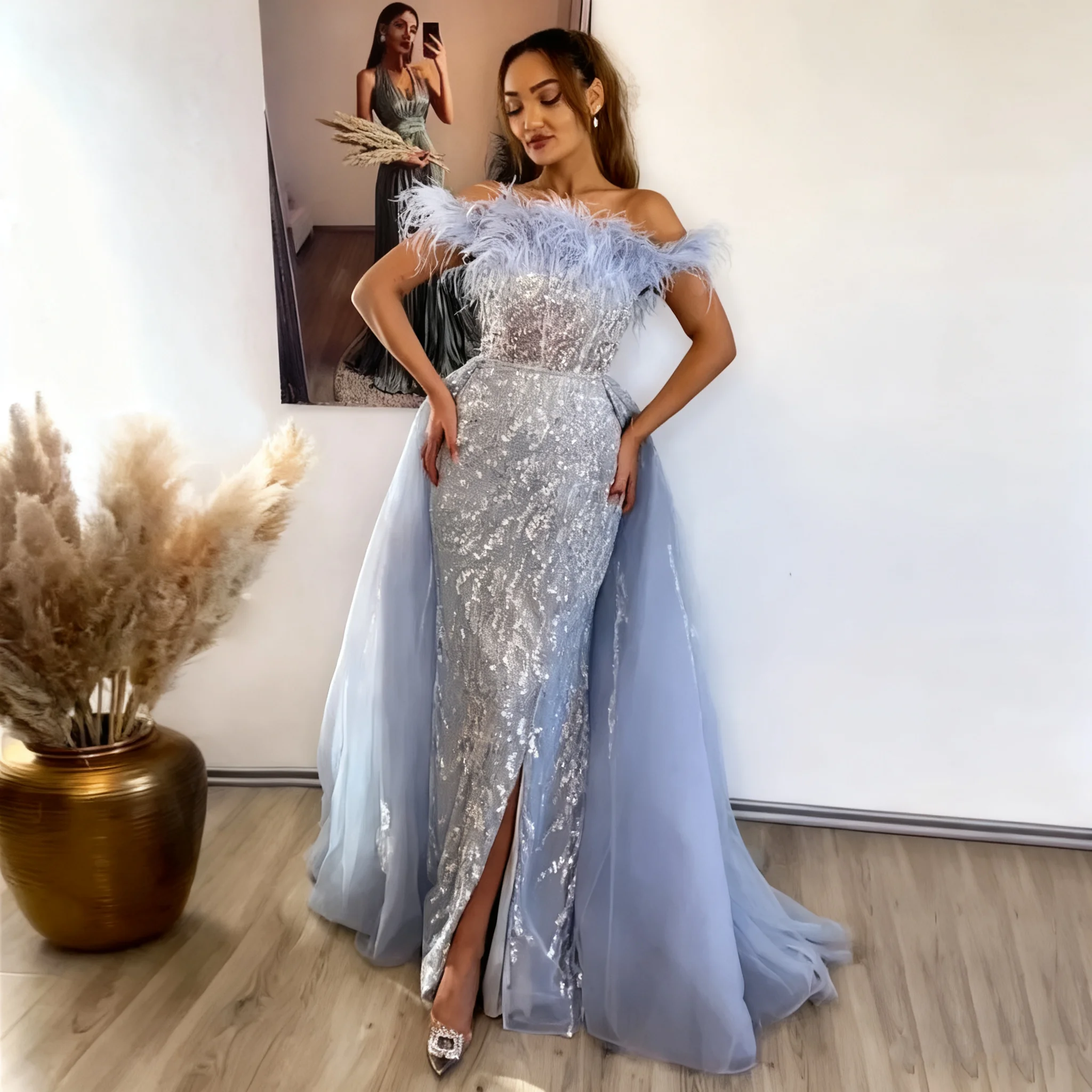 Dubai Celebrity Birthday Dress Elegant Shining Beaded Evening Dress Feather Off Shoulder Side Split Mermaid Ball Dress Customize