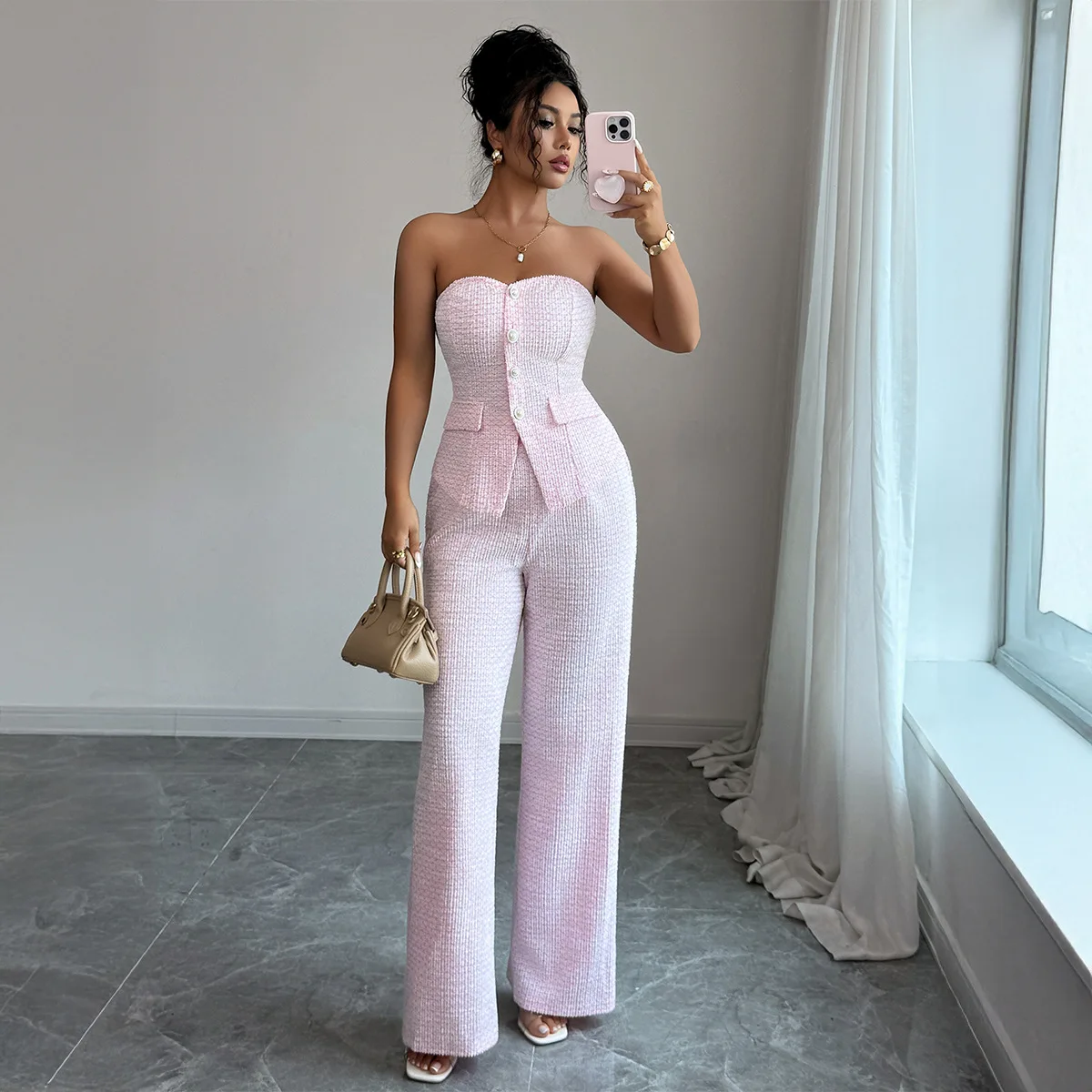 

2025 Fashion Street Wear Solid Color Women's Suit Tube Top Vest Top + Wide Leg Pants 2-piece Suit Women's Clothing