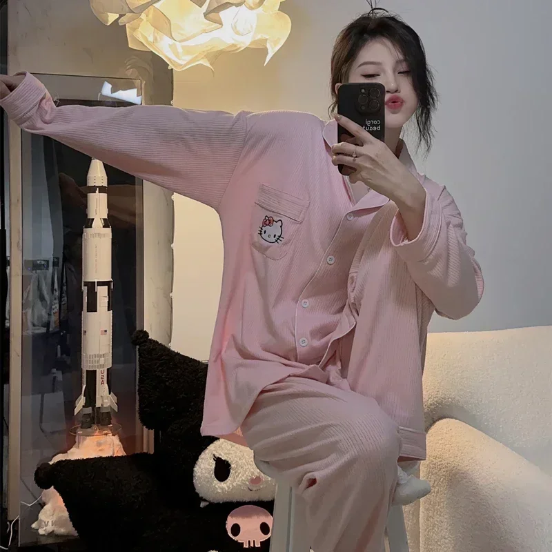 Sanrio Hello Kitty silk pajamas women\'s autumn pure cotton long-sleeved trousers casual cartoon comfortable home women\'s pajamas