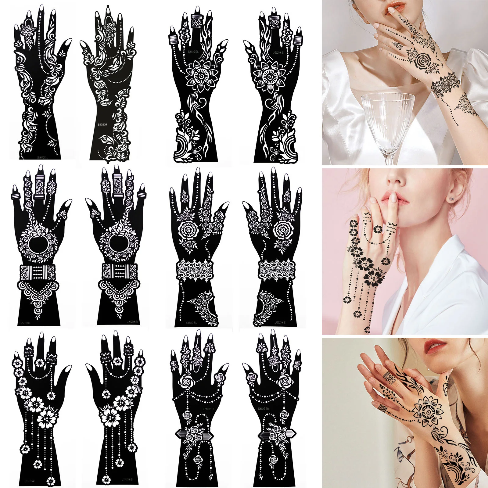 12 Sheet/Lot Henna Tattoo Stencils Kit Stencil, Large Hand Flower Airbrush Mehndi Indian Tattoo Templates Stencil for Hand Paint