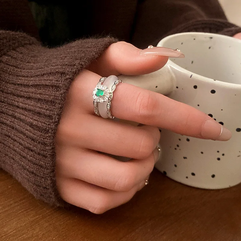 DREJEW Zircon Flower Ring Simple Design Touching Jade Index Finger Ring China-Chic Luxury High-end Hand Jewelry Women