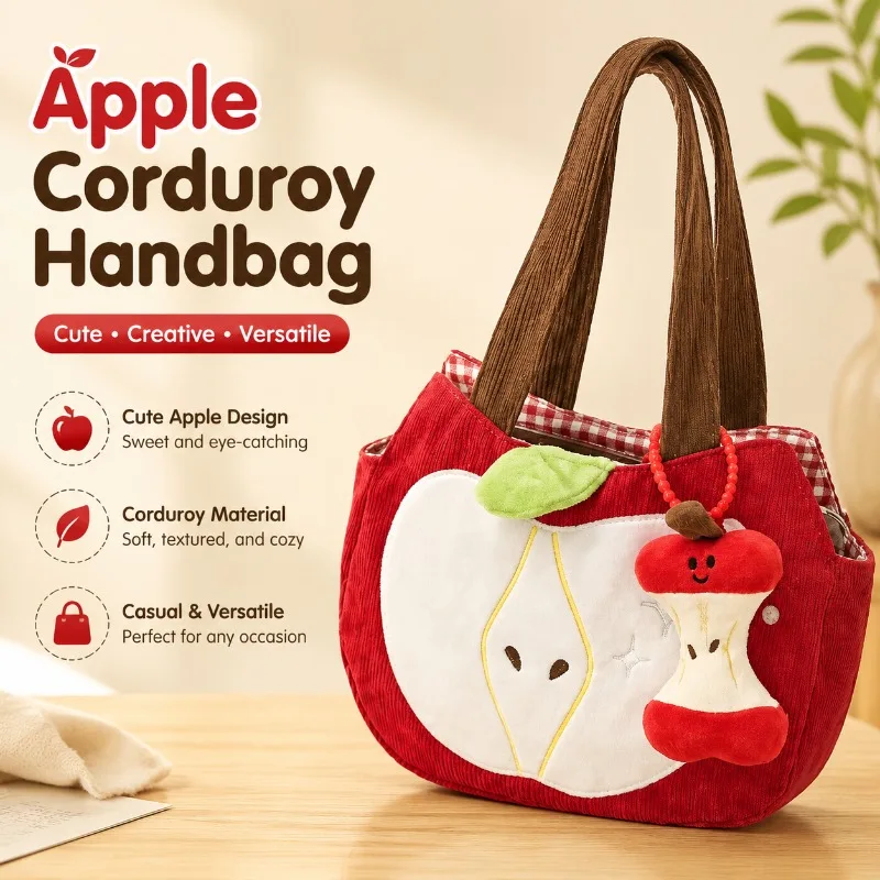 Cute Apple Shaped Corduroy Handbag Versatile Daily Commute Tote Bag Soft Fabric Portable Storage Purse Lightweight Fashion