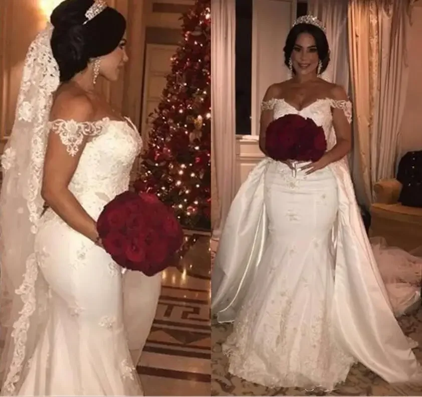 Customized Plus Size Mermaid Wedding Dresses Detachable Train Off Shoulder Lace Floral African Garden Castle Bride Reception Gow