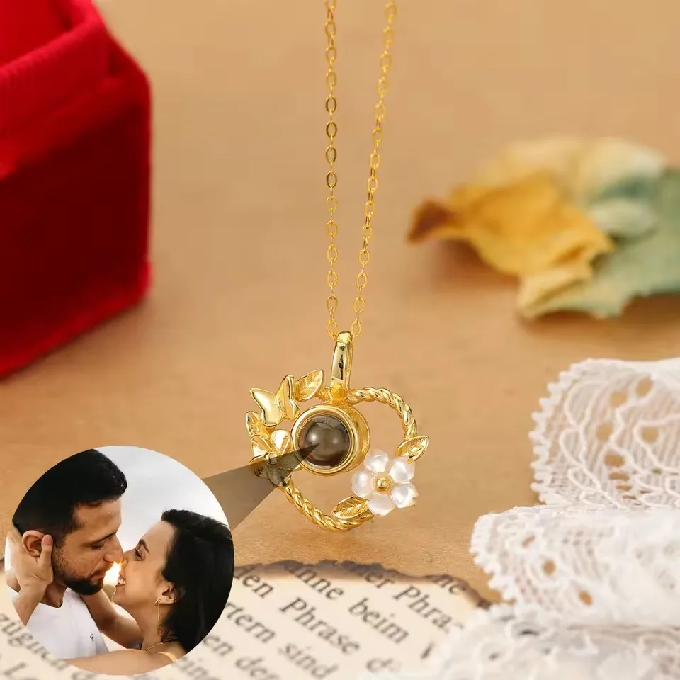 Flower Pendant Valentine's Day Jewelry 925 Silver Projection Necklace Customized Photo Necklace Heart Shaped Silver Necklace