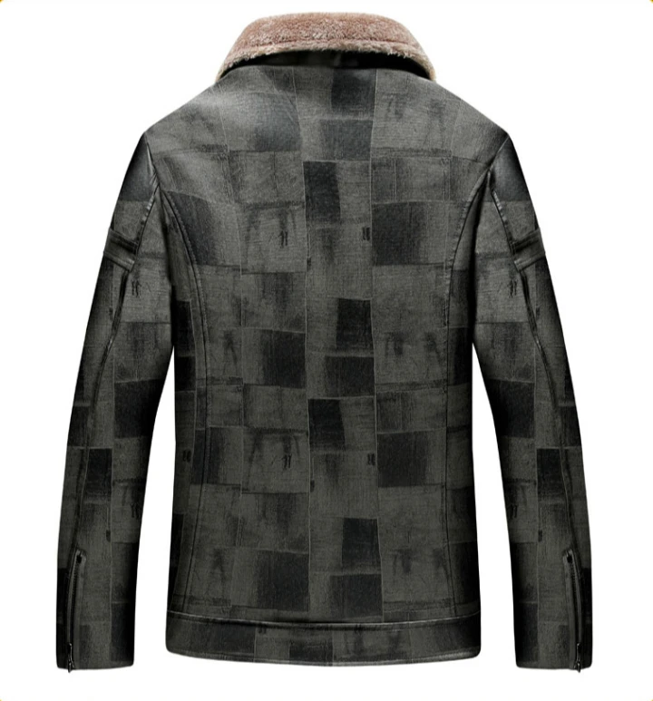 Men's Plush Leather Clothing Autumn Winter New Solid Color Check Print Casual Business Roll-Neck Fur Collar Coat Men Warm Jacket