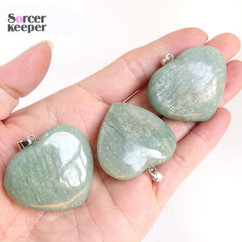 Wholesale Women's Men's Natural Gemstone Amazonite Crystal 35 mm Love Heart Cute Pendant for DIY Jewelry Making Necklace BS08