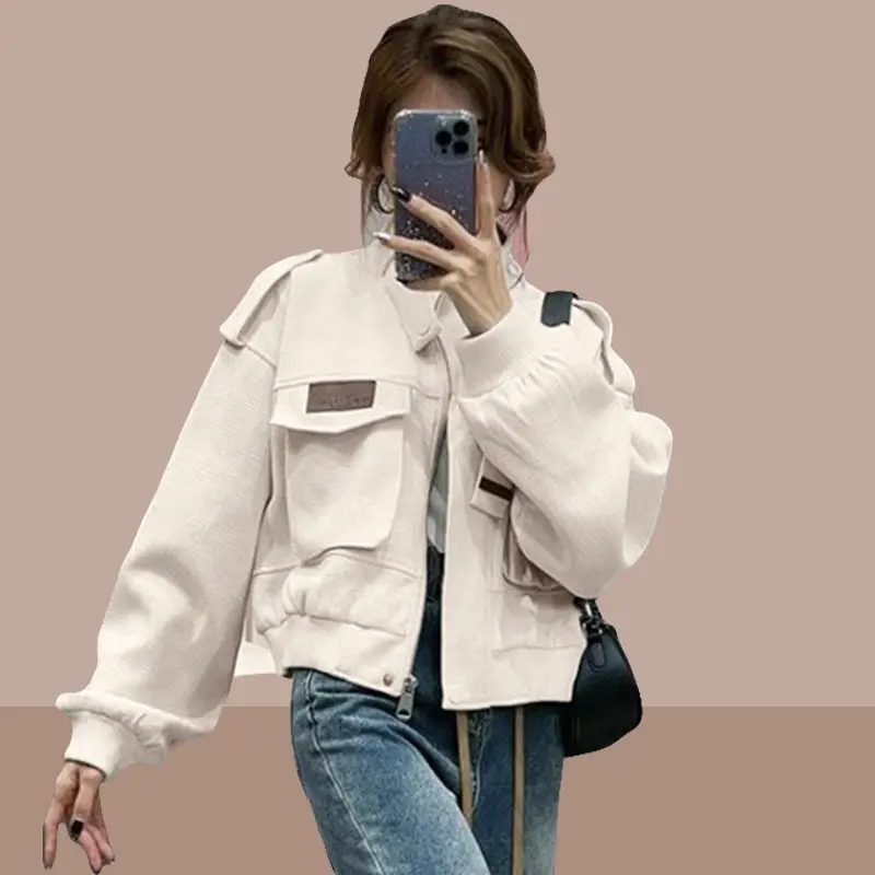 Green Sheepskin Coat for Women 2024 Baseball Clothes Korean Streetwear Y2k Jacket Woman Short Spring Crop Clothing Bomber Autumn