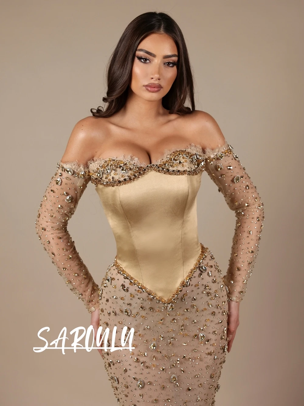 

Stunning Crystals Mermaid Evening Dress Fashionable Corset Slim Fit Customized Prom Gown Off Shoulder Classy Luxury Galas Wear