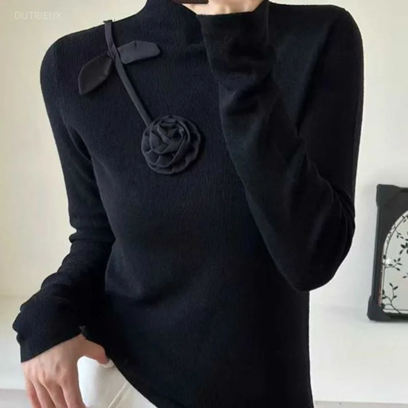Draweye Flowers Autumn Winter Clothes Woman Sweaters Half High Collar Vintage Pullovers Elegant Korean Fashion Pulls Femmes