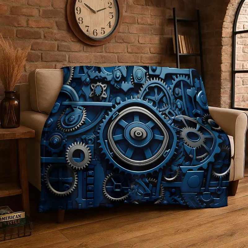 Retro Gears Mechanical Cogs Flannel Blanket Soft Warm Throw Blanket for Bedroom Living Room Bed Travel Camping Picnic Cover Gift