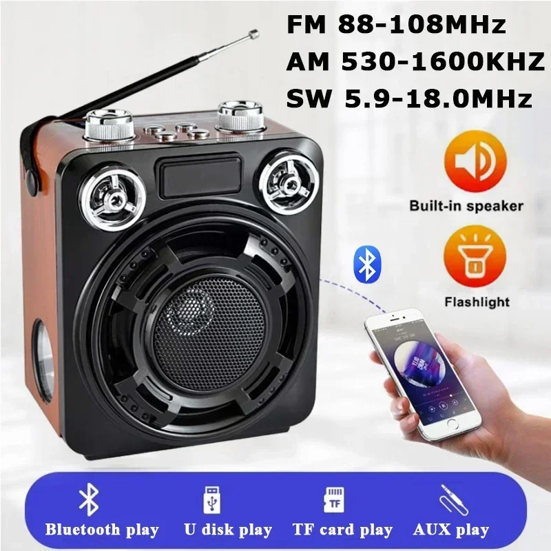 Mini alto-falante portátil Bluetooth com lanterna, TF, USB, MP3 Music Player, recarregável, FM, AM, SW rádio, sinal forte, receptor de rádio