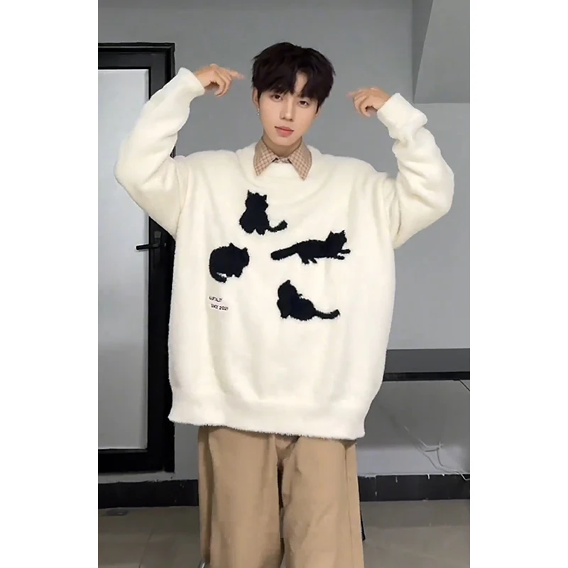 

Мужской зимний вязаный свитер с отворотами на рукавах, мягкий и уютный, в клетку, для пар, повседневный, из полиэстера, с длинными рукавами