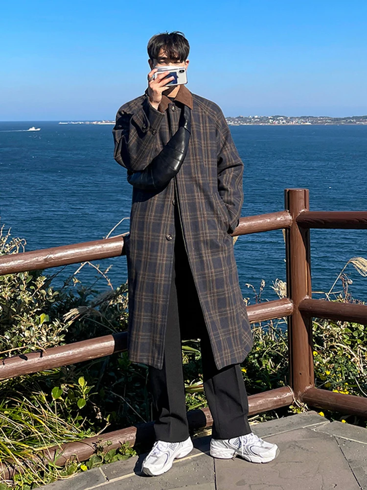 

MRCYC Корейское шерстяное пальто в клетку для мужчин, средней длины, осенне-зимнее, модное, повседневное, свободного кроя, ветровка