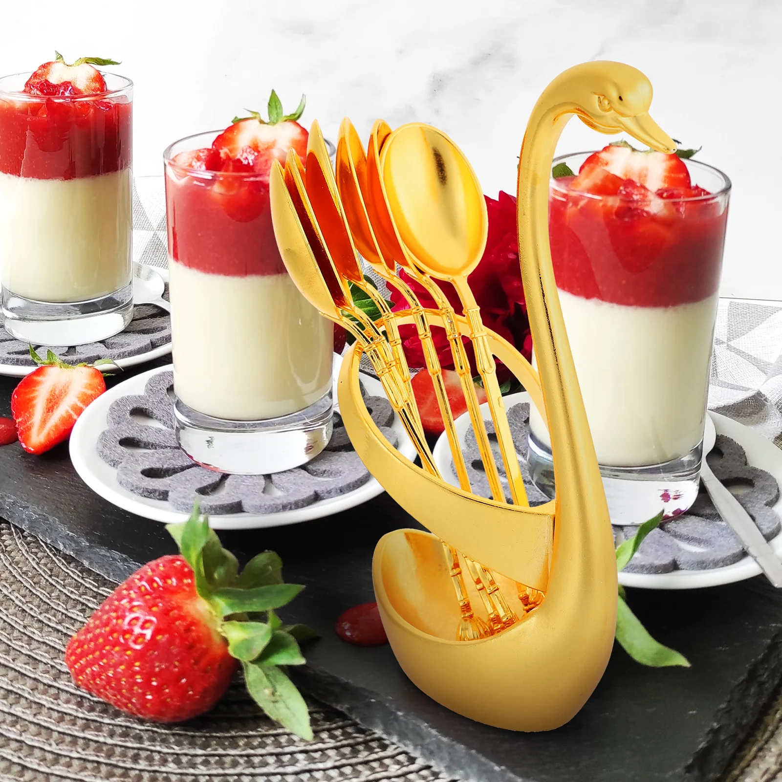 

Dessert Spoon Set Swan Shaped Cutlery Holder Kitchen Alloy Spoons Storage Rack Spoon Base Set Hygienic Anti Rust