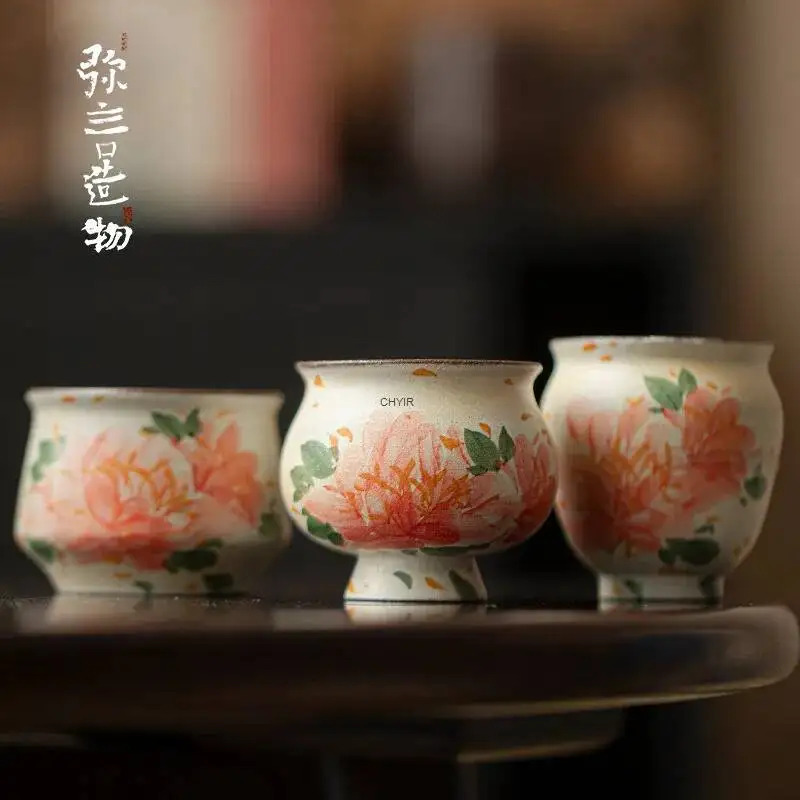 Handmade Coarse Pottery Fanyin Tea Cup Master Cup Hand-painted Peony Tasting Cup Single Kung Fu Tea Чайная чашка