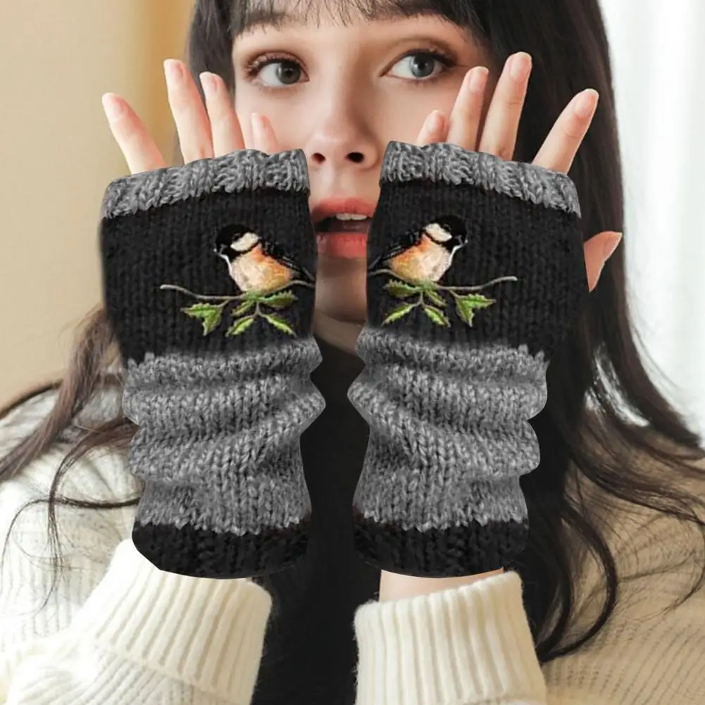 

Winter Gloves Bird Embroidered Fingerless Gloves for Fall Winter High Elasticity Arm Warmers with Non-slip Design for Cycling