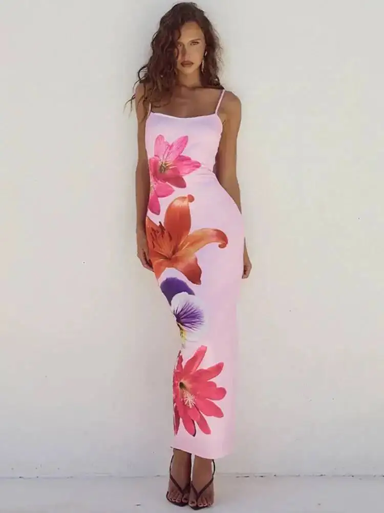 Vestido largo con estampado floral para mujer, novedad de verano, tirantes finos, sin mangas, sin espalda, ceñido al cuerpo, vestido Midi Sexy elegante