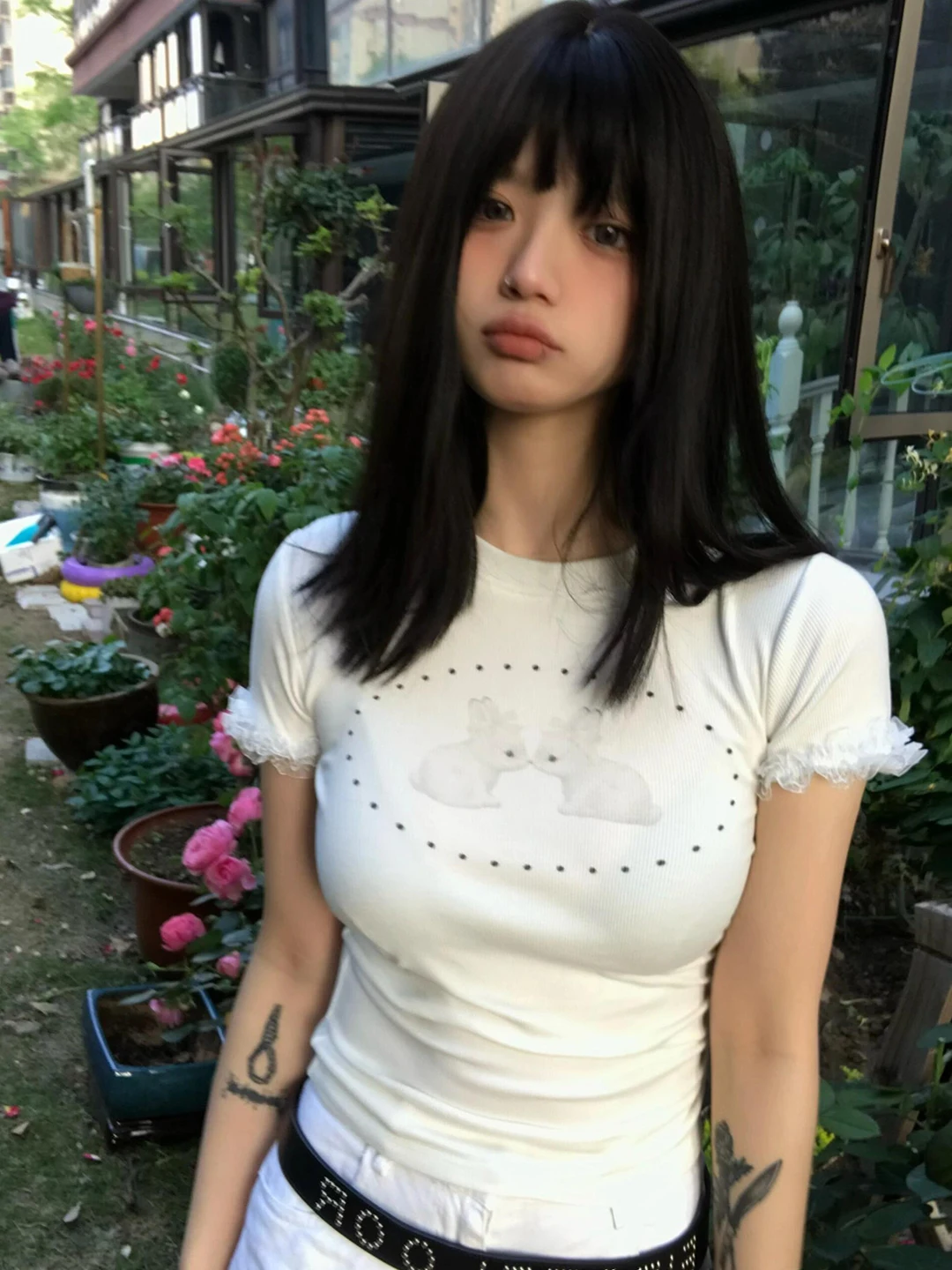 

Американский топ в стиле Y2K с принтом кролика в белую горошок, женский летний облегающий топ из чистого хлопка с кружевом