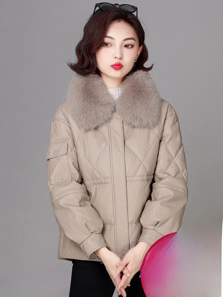 

Кожаная куртка-пуховик из натуральной овчины для женщин, свободного кроя, с мехом, в корейском стиле, зимнее пальто для невысоких.