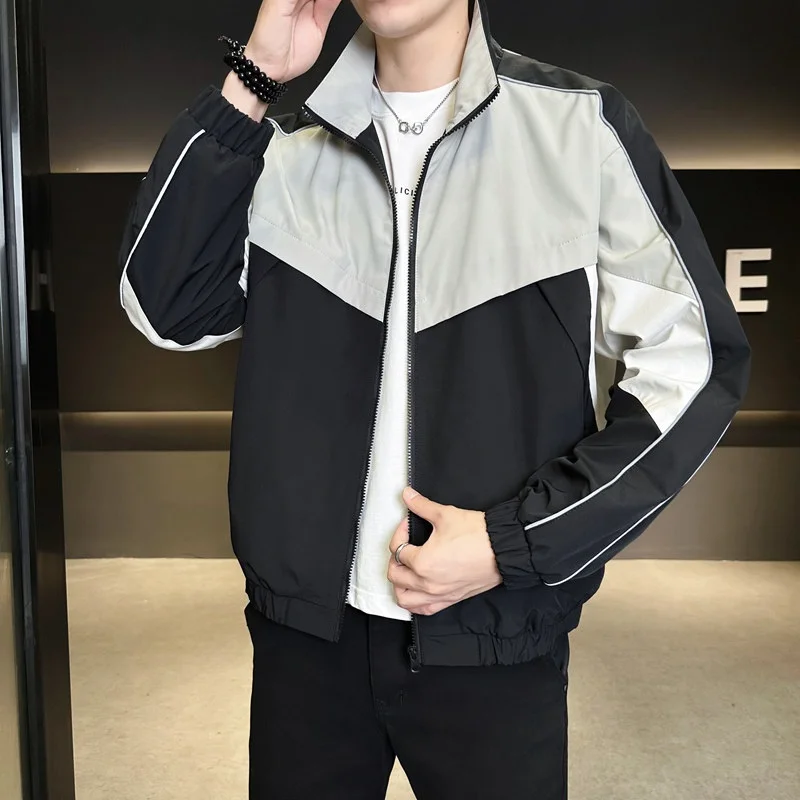 

Spring New Men's Jaet Trendy Haome Color Blo Collar Youthful ular Polyester Fiber Long Sve Stand Collar Coat