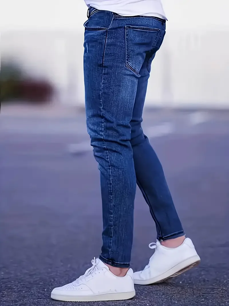 Men's Slim Fit Stretch Denim Jeans with Ripped Detail & Contrast Stitching, Fashion Streetwear Casual Trousers for Daily Wear view 3