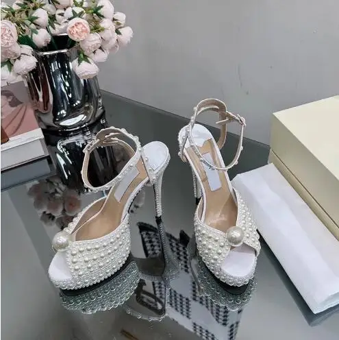 Luxury Women White Full Pearls Peep Toe Platform One Line Ankle Buckle Strap Thin Heels Summer Sandals Bride Wedding Shoes Lady