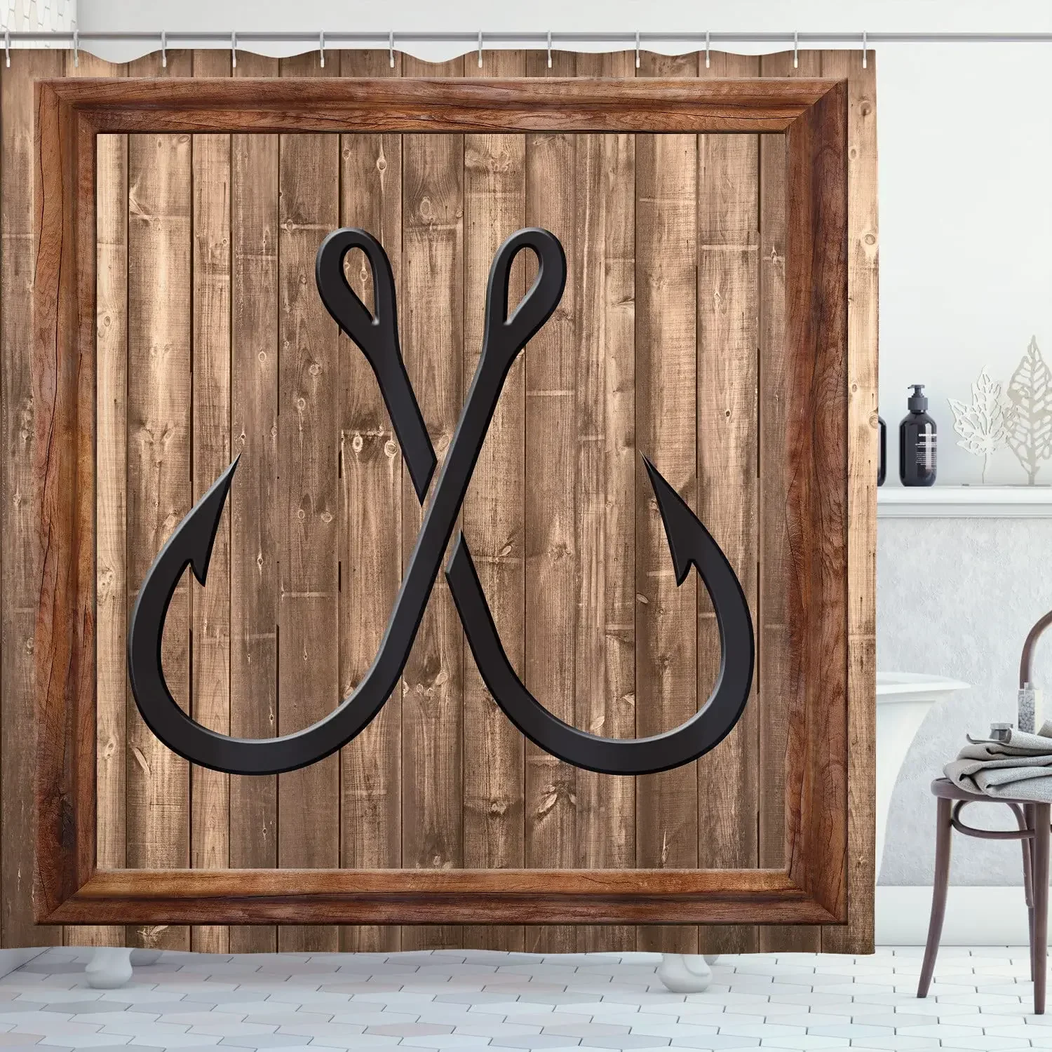 Nautisch douchegordijn kunstaas anker modern abstract schilderij houten frame rustieke stof badkamer decor set met haken