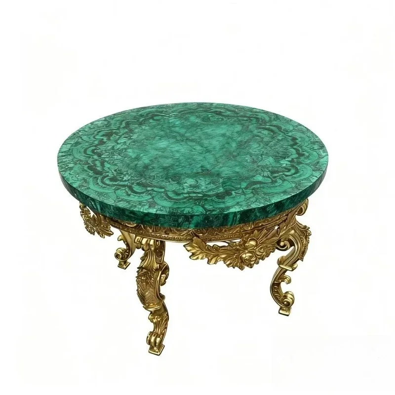 Brass carved malachite, round decorative coffee table corner table