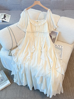 150Kg Plus Size Women's Bust 139-160 Summer Loose Elegant Style Ruffle Edge Dress Apricot 5XL 6XL 7XL 8XL 9XL