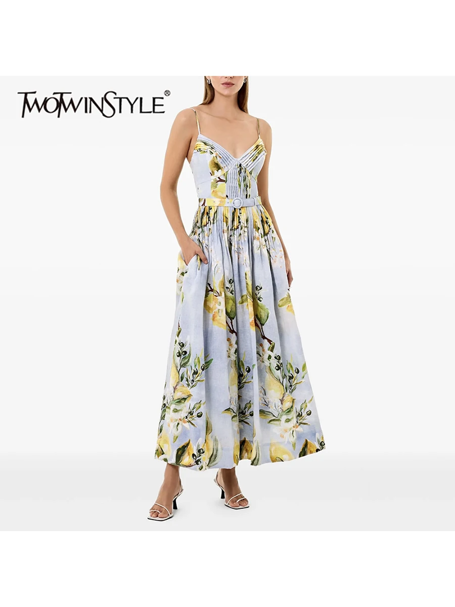 

TWOTWINSTYLE Hit Color Printing Slimming Dresses For Women V Neck Sleeveless High Waist Patchwork Folds Elegant Dress Female New