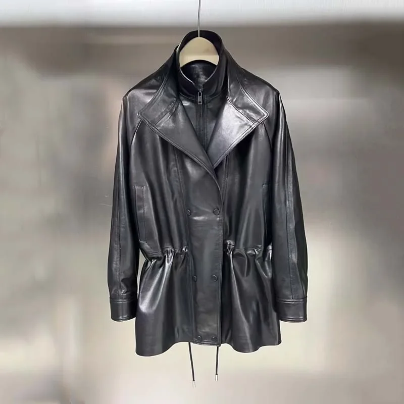 Damen-Jacke aus echtem Leder, normale Länge, Frühlingsmantel, plissierte Taille, doppeltes Revers-Design, natürliches echtes Schaffell