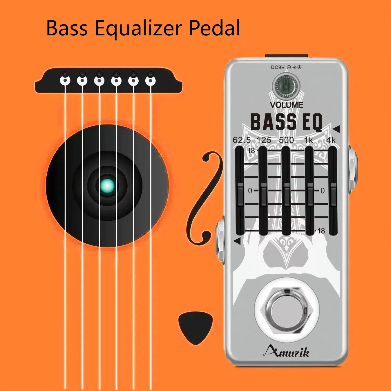 Amuzik-BASS-EQ Equalizer Guitar Pedal, Electric Guitar Effects, Bass with True Bypass, Mini Size, LEF-317B