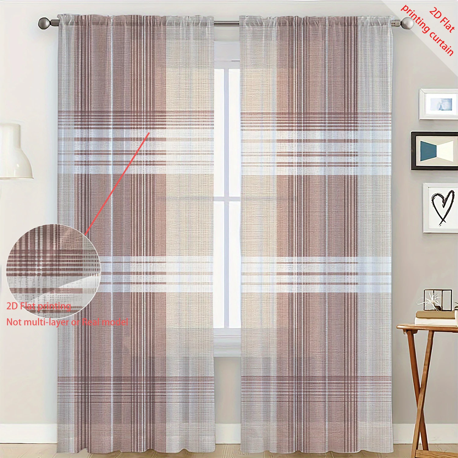 2 Pieces HD Digital Coffee colored geometry Printed Window Screen Home Decor Style Decoration Living Room Bedroom Rod